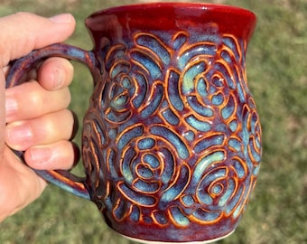 Handmade Pottery Coffee Mug: Carved Ceramic Tea Cup, black, blue, and green Glaze