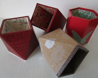 Medium size square triangular hexagonal pen/pencil/brush/stationery/cosmetics hand-made holder desk tidy red light brown printed paper