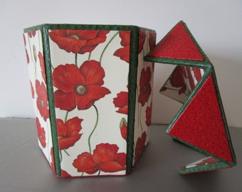 declutter, craft, 6 sides trinket treasure cosmetic accessories jewelry box kitchen tidy tea caddy craft accessories tidy poppies red green