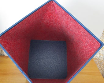 Declutter, tidy your house, smart/elegant, large square blue and red waste paper basket/bin, French cartonnage, hand-made, 24.5cm x 19cm