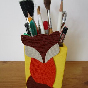 Declutter, tidy desk, pen/pencil/stationery, brush, scissors holder, animal design, fox, yellow, brown, orange, grey, 11cm high, square image 1