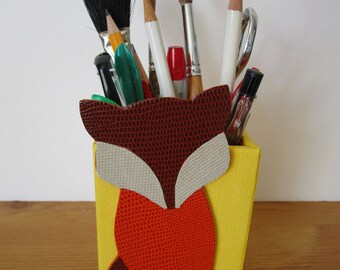 Declutter, tidy desk, pen/pencil/stationery, brush, scissors holder, animal design, fox, yellow, brown, orange, grey, 11cm high, square