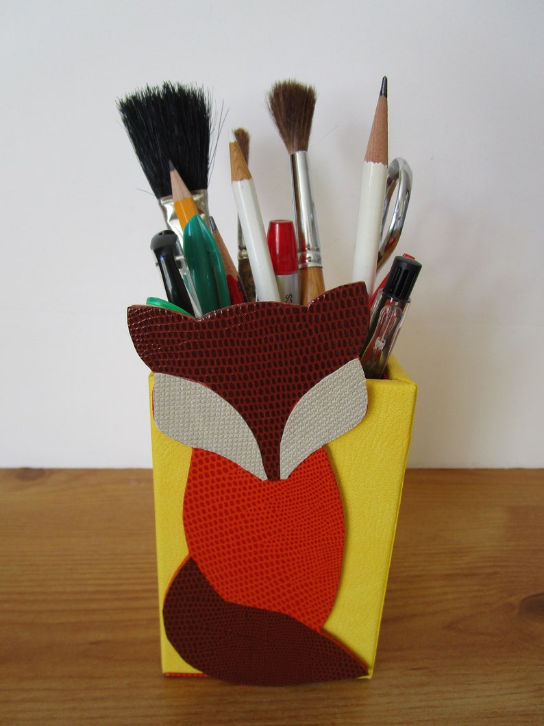 Declutter, tidy desk, pen/pencil/stationery, brush, scissors holder, animal design, fox, yellow, brown, orange, grey, 11cm high, square image 1