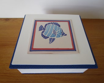 Declutter, tidy your house, smart square white and blue box, lid, treasure, trinket, jewelry, gift box 16cm x 16cm, blue tile fish decor
