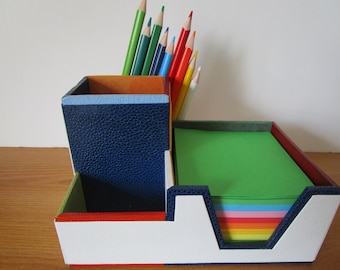 Pen, pencil, stationery, note paper holder, multicolour, rectangular, 3 compartments, French cartonnage, paper included