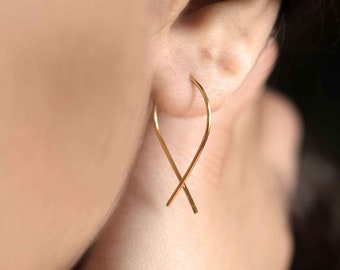 May include: Gold hoop earrings with a simple, minimalist design. The earrings are thin and delicate, and they are shaped like a curved line that crosses over itself.