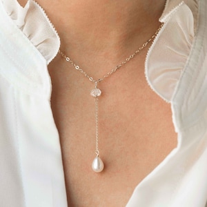 Silver Lariat Y Necklace, Herkimer Pearl Drop Delicate Bridal Necklace, Lariat Necklace Minimalist Wedding, Handmade Jewelry, Gift for Women