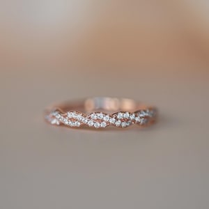 Twist Wedding Band Rose Gold, Diamond Stacking Ring, Diamond Wedding Band, Women&#39;s Gold Ring, birthday anniversary Gift for Wife Girlfriend