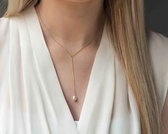 Delicate Pearl Lariat Y Gold Filled Necklace, Layering Bridal Necklace