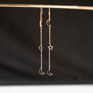 Moon and Star Long Dangle Earrings: Gold Filled Delicate Celestial Jewelry Gifts, 4inch length