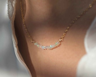 Opal Bar Necklace October birthstone Delicate layering choker, 14k gold filled Natural Gemstone, 1 White Opal Necklace, Best Birthday Gift