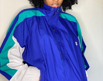 Vintage 80s 90s Windbreaker Bill Blass | Medium Tennis Jacket | Vintage Track Jacket | Royal Blue Teal White | Unisex | Mens | Womens