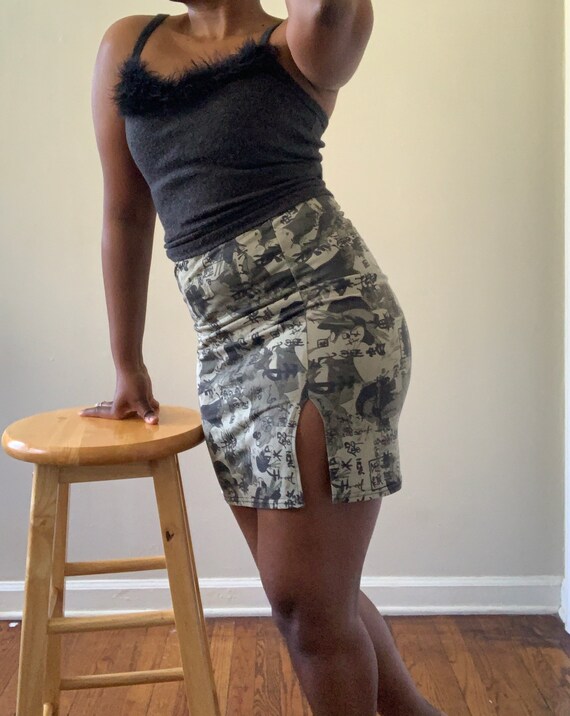 Vintage 80s 90s Asian Print Bodycon Skirt | Olive