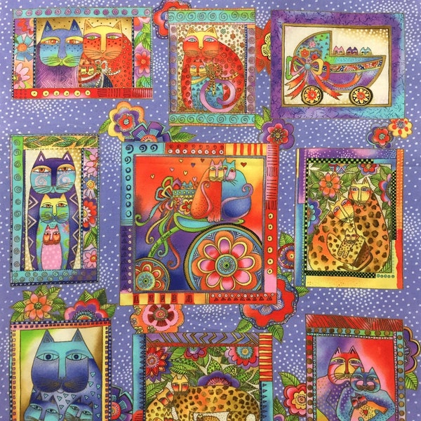 Laurel Burch Fanciful Felines Fabric Panel 22"x24" / Cats on Periwinkle #90340-2 / Vintage Fabric / Rare & Out of Print