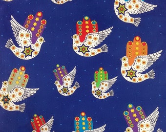 Jewish Fabric Dove of Peace on Blue / Sold in 1/2 Yd Increments / Multiple Yards Available