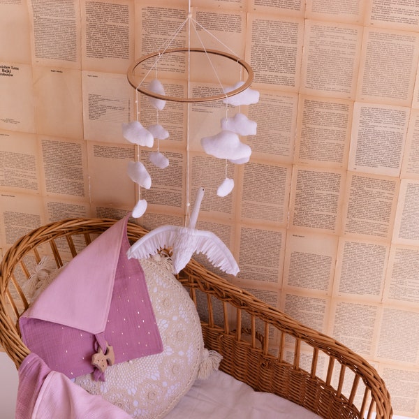 White Swan in Clouds Baby Crib Mobile - Flying Swan Felt Baby Mobile - White Cloud Mobile - Neutral Mobile