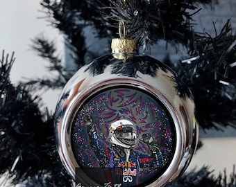 Op Sebastian Vettel geïnspireerd tekenontwerp voor kerstballen | Op Formule 1 geïnspireerde cadeaus | Autoracecadeau | Kerstballen |