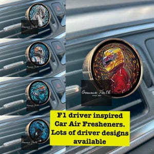 Hand-Drawn F1 Driver Car Air Fresheners | Ocean Scent Refillable Insert