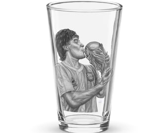 Dibujo a lápiz de Maradona, vaso de pinta, obra de arte original