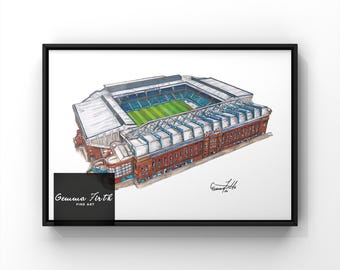 May include: A hand-drawn illustration of a large stadium with a green field and a white roof. The stadium is drawn in a realistic style with details like the stands, the scoreboard, and the lights. The illustration is signed by the artist, Gemma Firth Fine Art.
