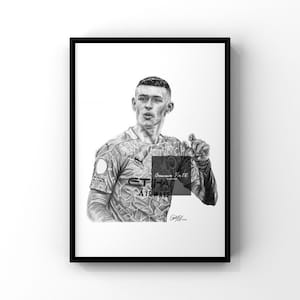 Dessin au crayon inspiré de Phil Foden, impression A4 | Impressions de football | Cadeau d&#39;anniversaire | Décoration de football | Cadeau de Noël |