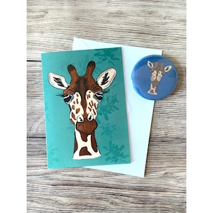 Giraffe Karte und Abzeichen Geschenk-Set original Kunstwerk handgemachte Abzeichen