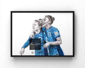 Lauren Hemp und Lucy Bronze Druck Bleistift Zeichnung Original Kunstwerk Fußballer Zeichnung Frauensport