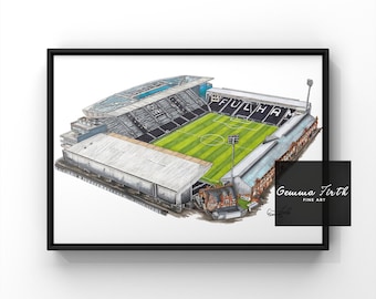 May include: A black and white illustration of Craven Cottage, the home stadium of Fulham Football Club. The illustration shows the stadium from an aerial perspective, with the pitch and stands visible. The text "FULHAM" is visible on the pitch.