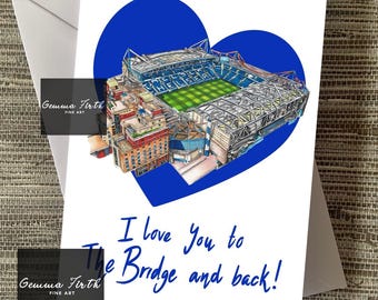 May include: A white greeting card with a blue heart shape featuring a detailed illustration of a stadium with a green field. The card includes the text "I love you to The Bridge and back!"