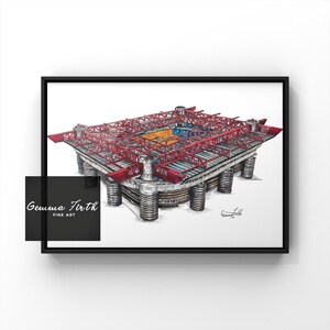 Könnte beinhalten: Gerahmte architektonische Illustration eines Stadions mit roter Dachkonstruktion. Das Kunstwerk, signiert von Gemma Firth, zeigt eine detaillierte Perspektivansicht des Gebäudes, in einem schwarzen Rahmen auf weißem Hintergrund.