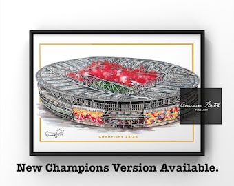 May include: An illustration of a stadium with a red and green field, a gray roof, and colorful banners. The artwork is framed in black with a gold border and includes the text "CHAMPIONS 25/26".