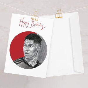 Tarjeta de cumpleaños con dibujo de Rashford, tamaño A5, hecha a mano, con martillo.