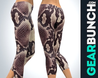 Snake Skin Cropped Leggings for Women, Anaconda Printed Yoga