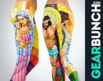 Stained Glass Jesus Leggings | Yoga Workout Pants for Christian Women