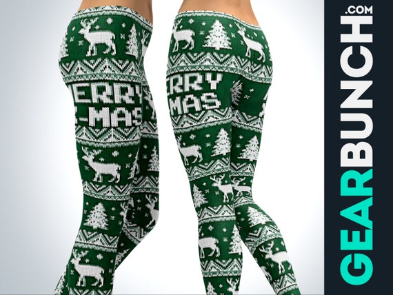Ugly Christmas Green Printed Leggings for Women, Best Christmas