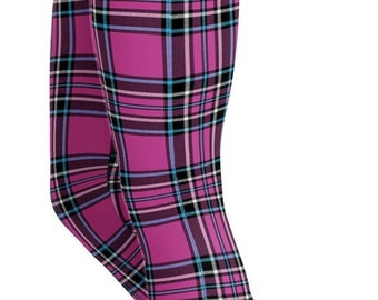 Pink Capri Workout Leggings for Women - Tartan High Waisted Activewear Yoga