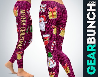 High Waisted Leggings Purple Christmas Print - Women's Holiday Workout Activewear