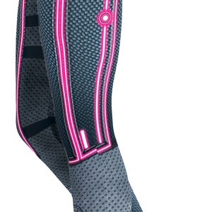 May include: Leggings featuring a dark gray, perforated, carbon-fiber-like texture with vibrant neon pink piping and geometric circuit-board-style lines. The design includes circular accents and straight borders that follow the contours of the legs.