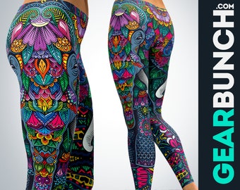 Boho Elephant Leggings for Women, Abstract Vibrant Colorful Printed Leggings, Workout Gym Exercise Leggings, Yoga Pants Tights Capri for Her