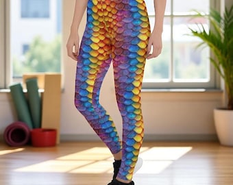 High Waisted Leggings Women - Rainbow Scale Yoga Pants for Festival Workout