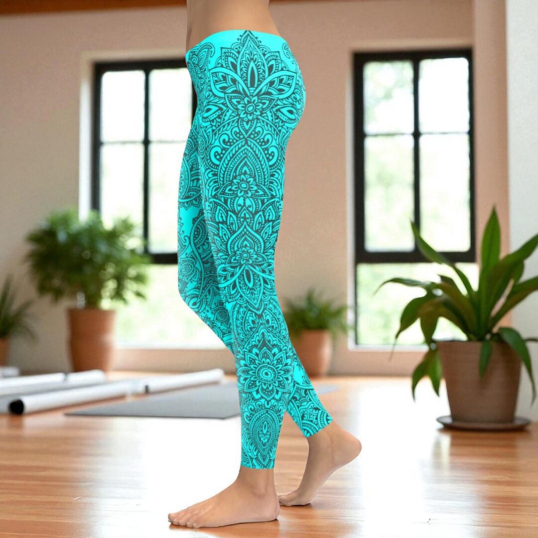 Aqua and Slate Grey Henna Tattoo Leggings, Artistic Printed