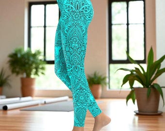 Floral Print High Waisted Leggings Women, Aqua Henna Yoga Pants, Activewear Workout, Plus Size