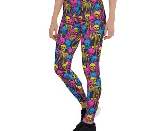 Leggings Neon com Estampa de Esqueleto - Leggings Assustadoras de Cintura Alta para Treino, Ideais para Raves e Festas