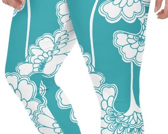 Plus Size Leggings: Teal Floral Japanese Print Yoga Pants for Women