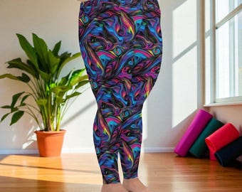 Plus Size Leggings High Waist, Psychedelic Neon Splatter Workout Activewear