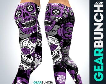 Leggings roxas com estampa de caveira mexicana, calça legging de cintura alta para ioga, para mulheres.
