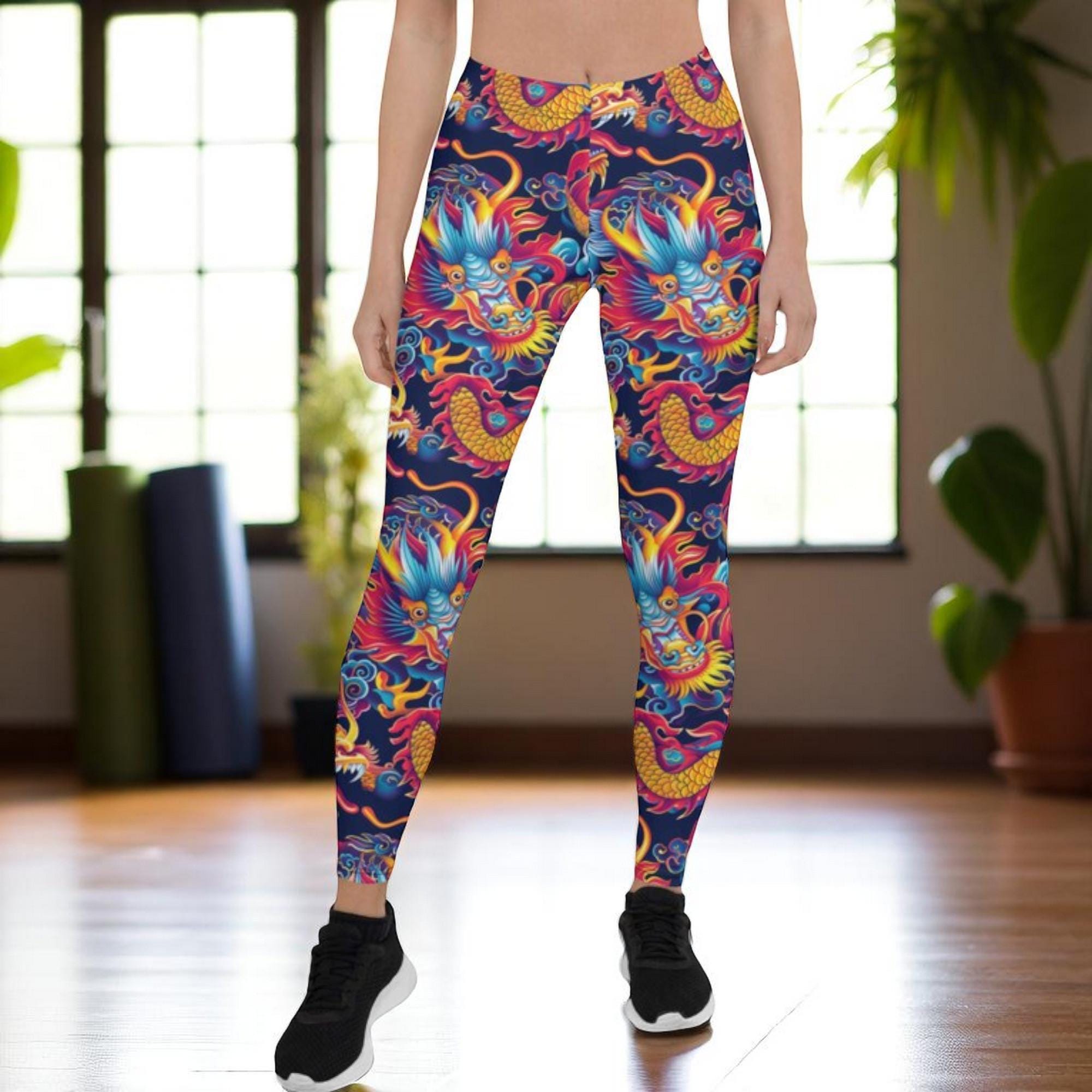 High Waisted Leggings Japanese Dragon | Colorful Yoga Pants