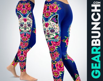 High Waisted Leggings - Floral Sugar Skull Yorkie Print Activewear for Women