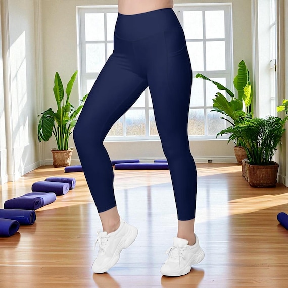 Ocean Blue Leggings for Women, Solid Color Yoga Pants With Pockets