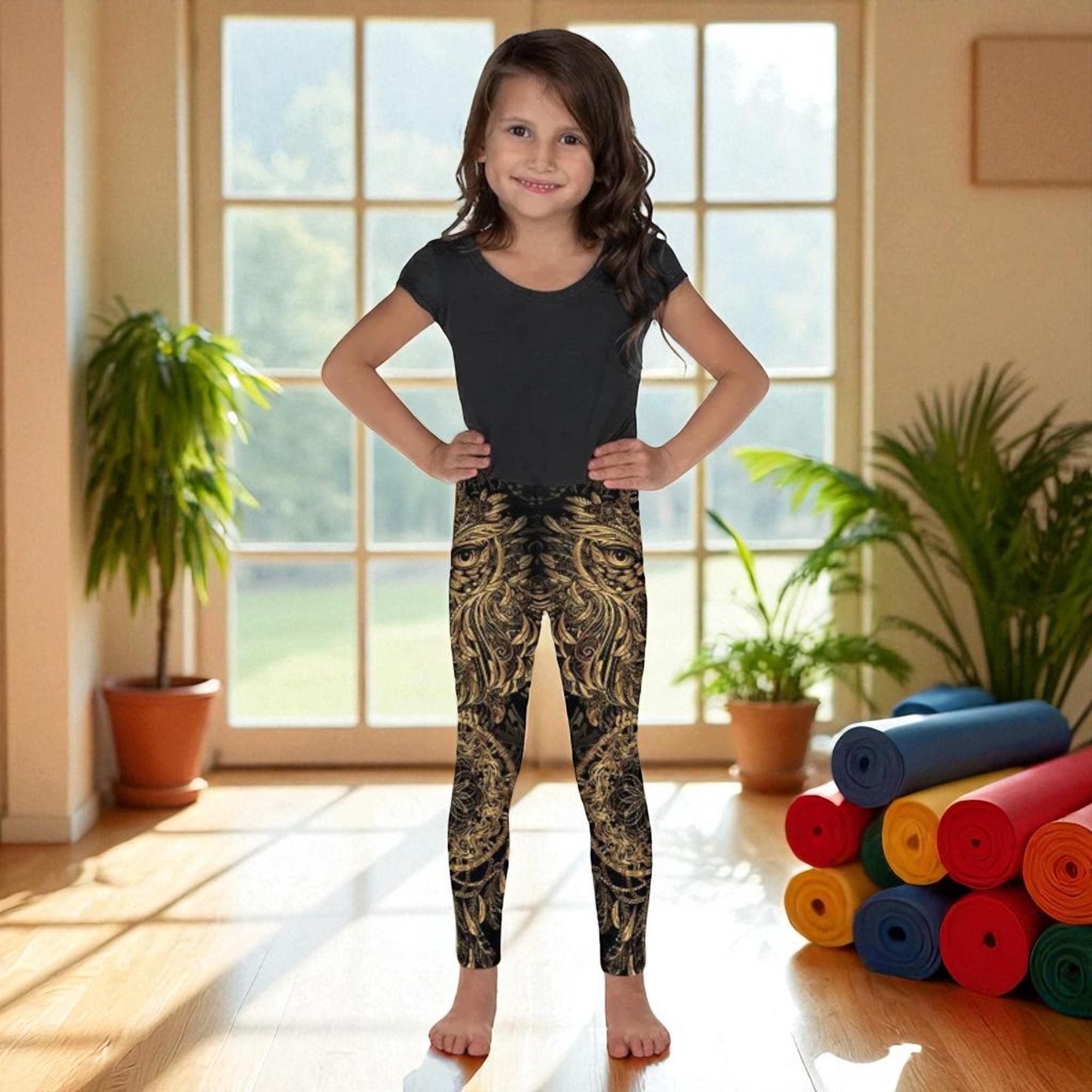 Cute Golden Owl Leggings For Kids, Ornamental Printed Stretch Bottoms For Play Or Casual Wear, Comfo